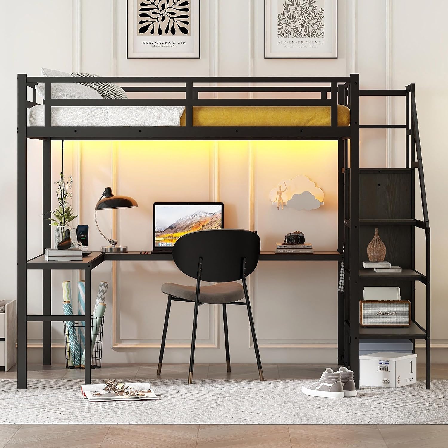 Bellemave Metal Full XL Loft Bed with Desk and Wardrobe,Heavy Duty Loft Bed Frame with Storage Stairs and LED Lights for Kids, Teens, Adults,Space Saving,Black