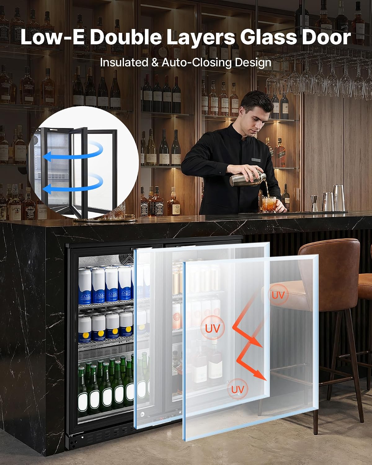 VEVOR Back Bar Cooler, 7.4 Cu. Ft Commercial Beverage Refrigerator, Under Counter Bar Fridge with 2 Glass Doors, LED Lighting, Shelves, Low-E Glass Display Cooler for Beer, Soda, Wine, Drinks