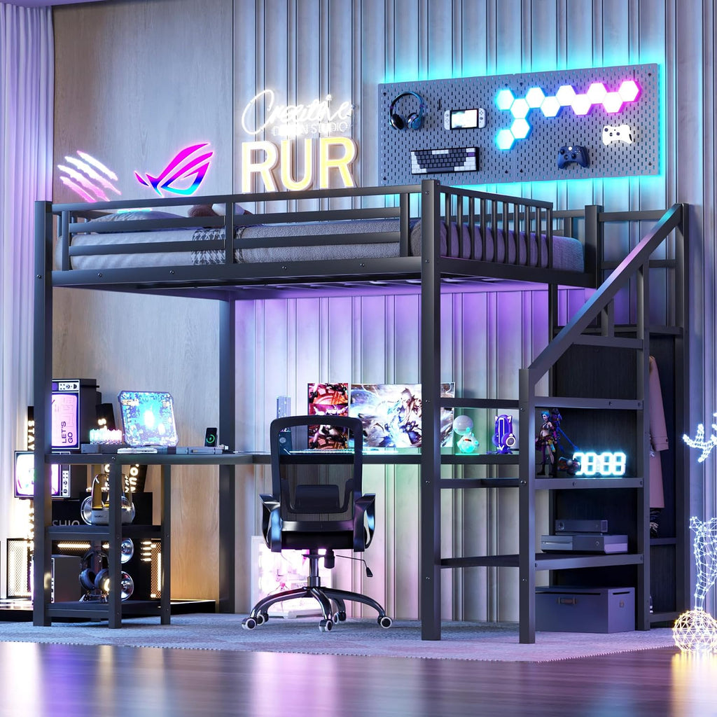 Full Size Loft Bed with Stairs and Desk, Metal Gaming Loft Bed with RGB LED Light, Heavy-duty Steel Loft Bed Frame with Storage Wardrobe, Shelves and Charging Station for Adults Kids Teens, Black