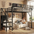 Twin Size Loft Bed with Stairs, Metal Loft Beds Twin with Storage Shelves, Adults Loft Bed with Wardrobe, Heavy Duty High Lofted Bed for Kids Teens,Black +Black Stair
