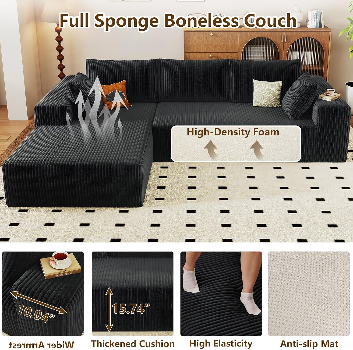 96' Modular Sectional Couch, Boneless L Shaped Cloud Sofa with Chaise Lounge, Corduroy Upholstered Couches Memory Foam Deep Seat, No Assembly Required, Ideal for Living Room(Black, Left Facing)