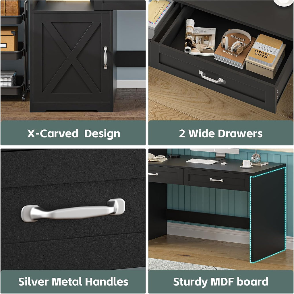YOMILUVE 60' Computer Desk with 2 Drawer & Bookshelves, Home Office Desk with Storage Cabinet & Spacious Desktop, Writing Gaming Study Table with Bookcase, Black