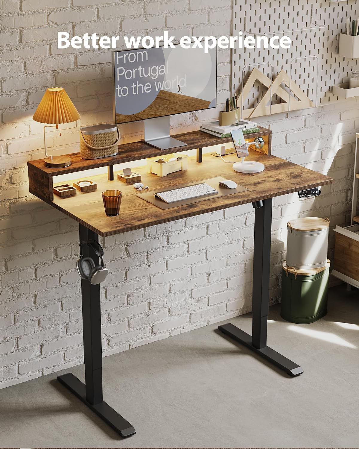 Agilestic 48x24 Inch Electric Standing Desk with Shelf, Height Adjustable Desk with Power Outlet & LED, Sit Stand Up Table with Monitor Stand, Computer Workstation, Rustic Brown