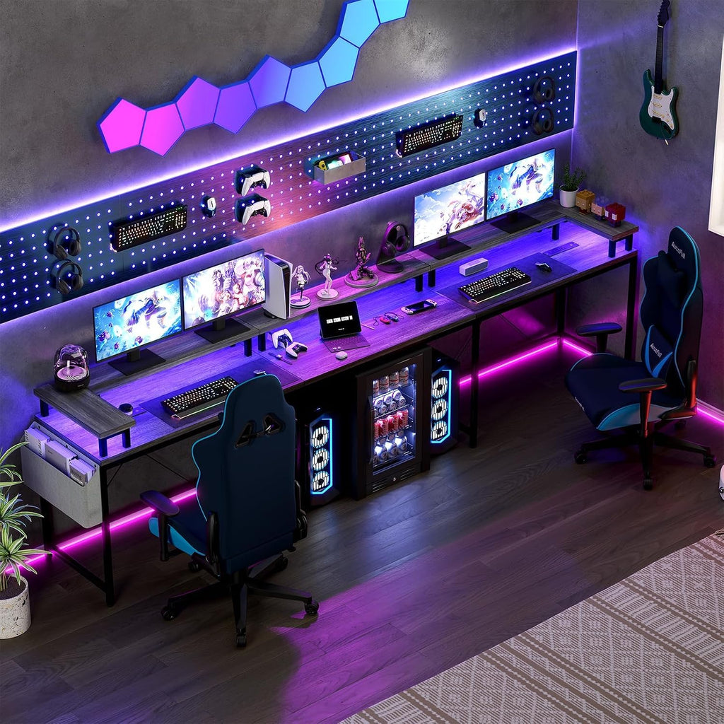 126' U Shaped Gaming Desk, Power Outlets & USB Ports, Reversible Corner Computer Desk with Monitor Stand, RGB LED Lights, Storage Shelves & Bag, Gaming Desk for Home Office, Tiger Stripes, Grey Oak