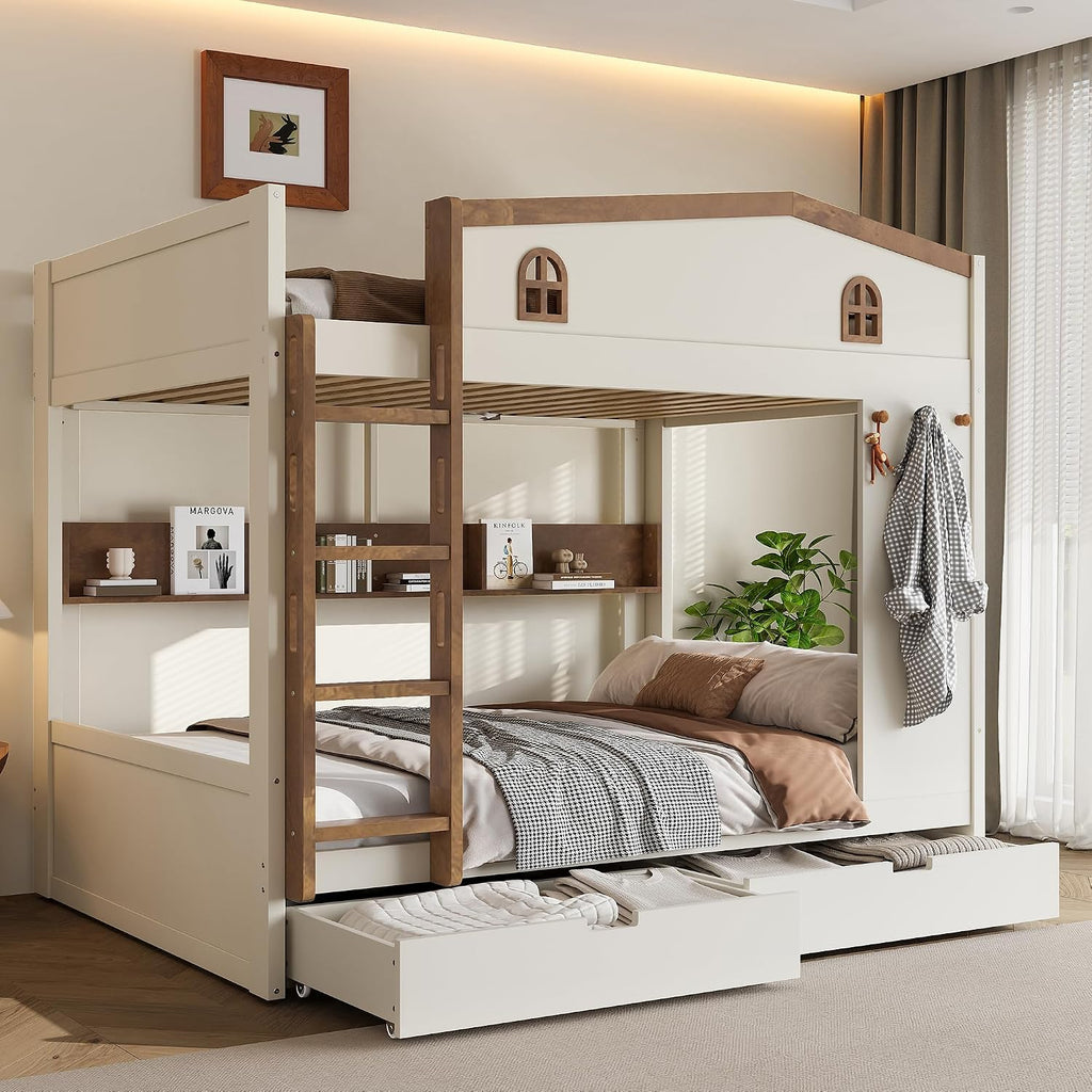 Queen Over Queen Bunk Bed with Storage Drawers, Hooks and Storage Shelves, Solid Wood Bunk Beds for Kids Teens, Bedroom Space-Saving Furniture (Beige+Natural/D)