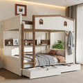 Queen Over Queen Bunk Bed with Storage Drawers, Hooks and Storage Shelves, Solid Wood Bunk Beds for Kids Teens, Bedroom Space-Saving Furniture (Beige+Natural/D)