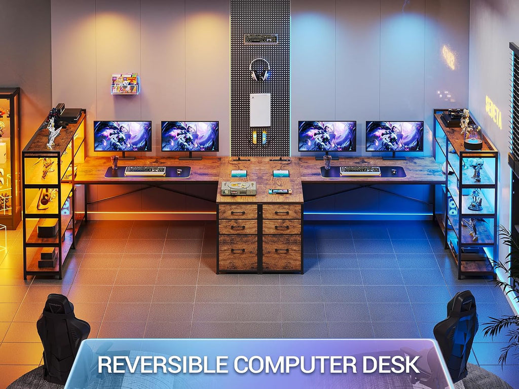 SEDETA L Shaped Desk with Storage Shelves, 64.5' Reversible U Shaped Office Desk with 3 Fabric Drawers, Gaming Desk with Power Outlet & LED Strip for Home Office, Rustic Brown