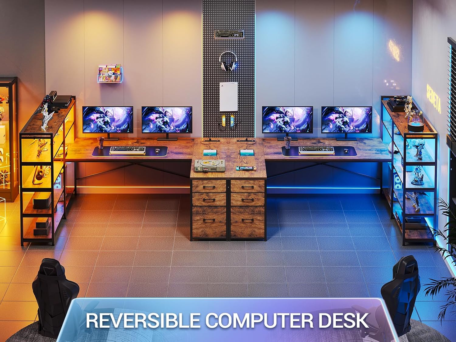 SEDETA L Shaped Desk with Storage Shelves, 64.5' Reversible U Shaped Office Desk with 3 Fabric Drawers, Gaming Desk with Power Outlet & LED Strip for Home Office, Rustic Brown