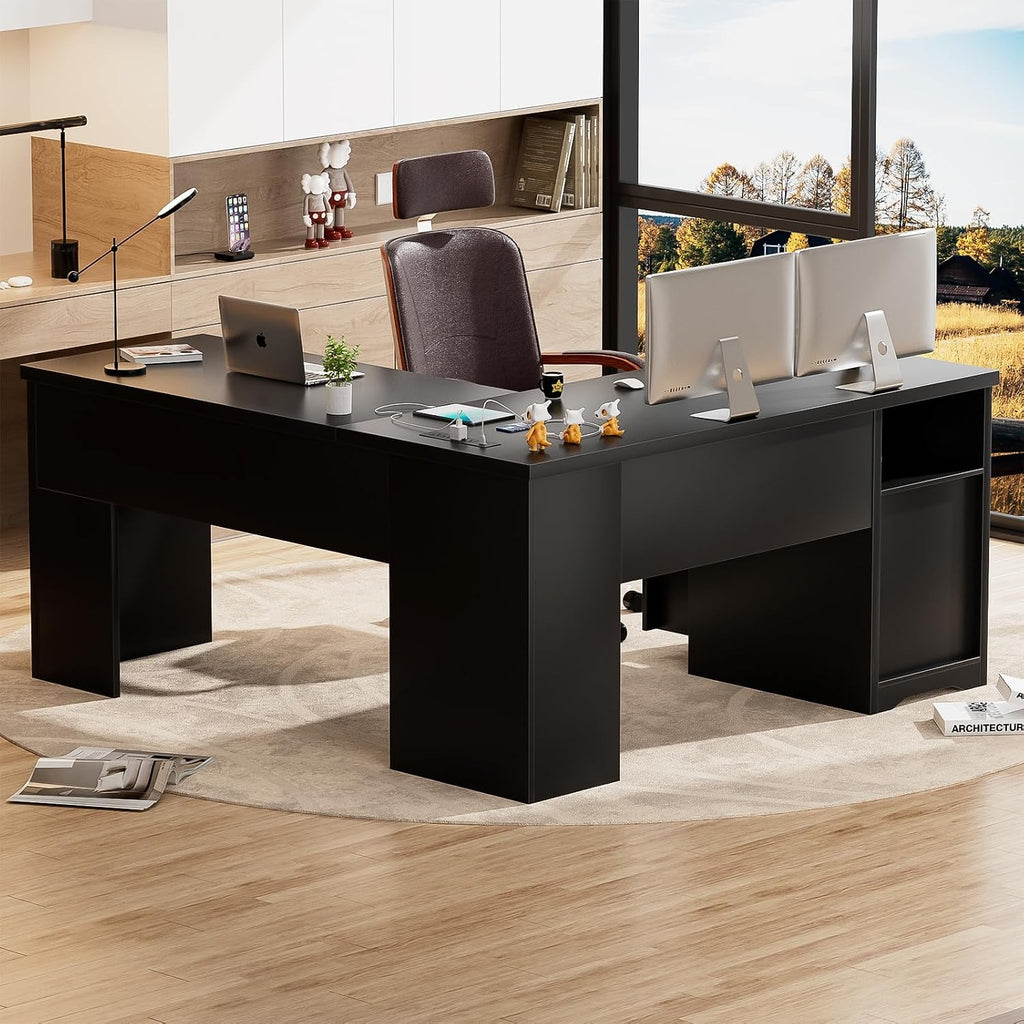 Unikito L Shaped Desk with Lift Top and Drawers, Large Office Desk with Power Outlets and USB Charging Ports, Sturdy Corner Computer Desk Writing Table with Storage, L Shape Standing Desk, Black