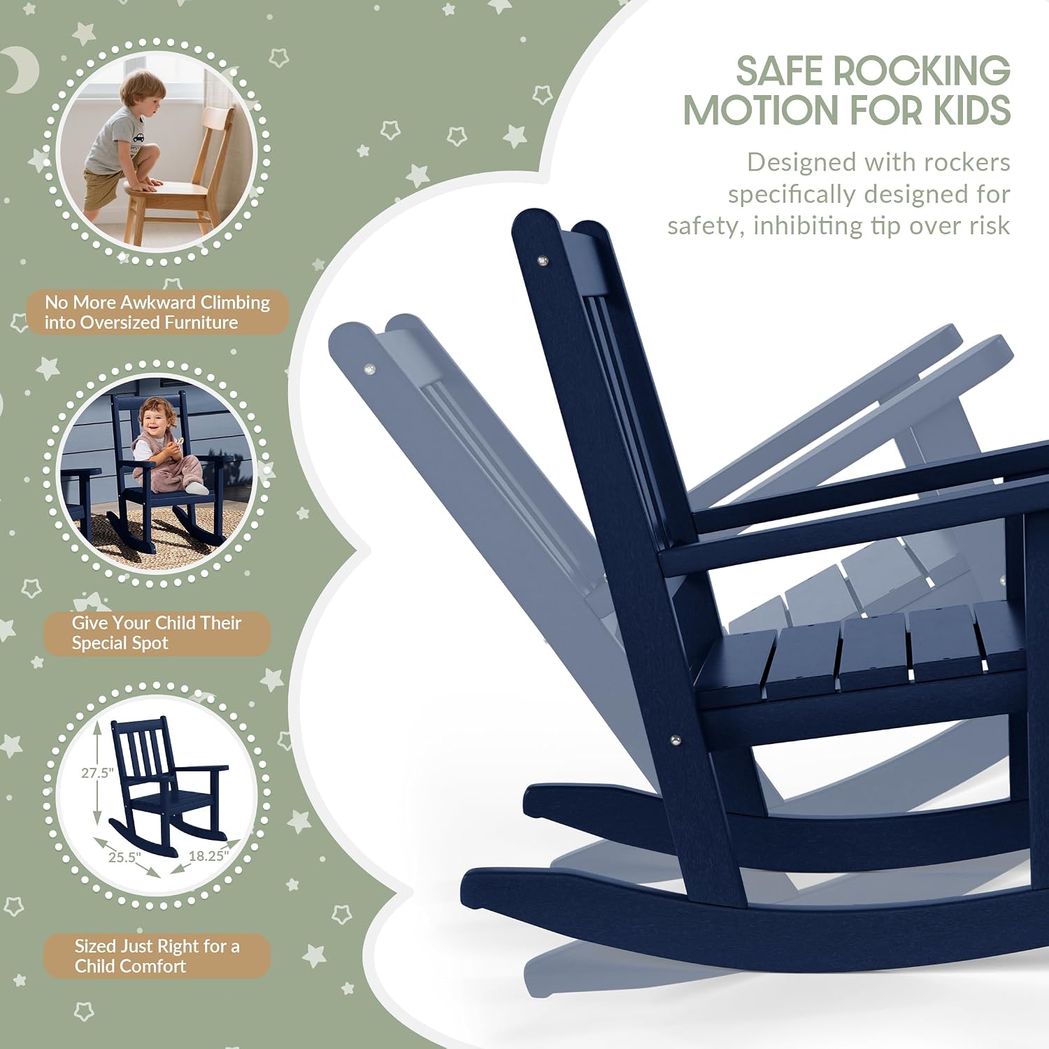 WestinTrends Malibu Outdoor HDPE Plastic Preschool Toddler Rocking Chairs (Set of 2), Navy Blue