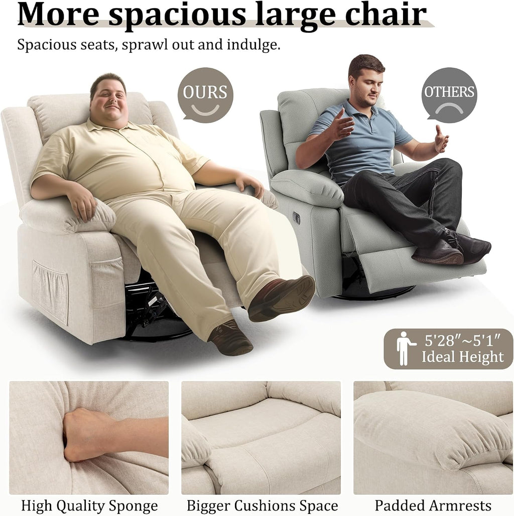Korser Recliner Chair for Adults, Oversized 360° Swivel Rocker Recliner with Massage and Heat, Wide Nursery Glider Rocking Chair with Side Pockets, Cashmere Reclining Sofa for Living Room (Beige)