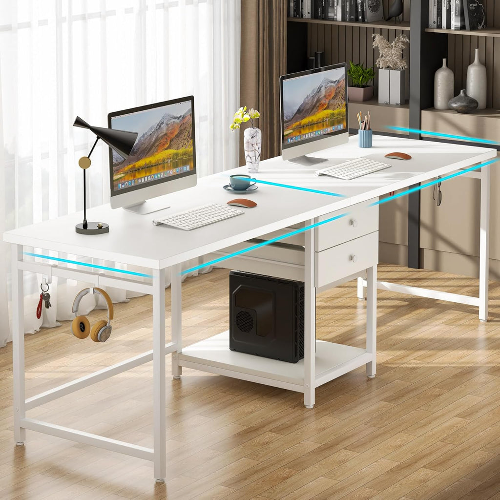 Tribesigns 79 Inch Extra Long Double Desk with 2 Drawers, Two Person Computer Desk with Storage Shelves, Writing Table Study Desk for Home Office, White