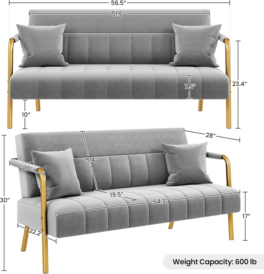 Yaheetech 56.5' W Modern Sofa Small Sofa Luxurious Velvet Fabric Couch with Gold-Tone Metal Arms and Legs for Living Room, Home Office, Studio Light Gray