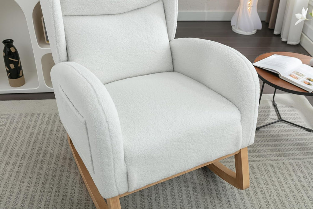 Nursery Glider Chair - Wingback Teddy Upholstered Rocking Chair with High Backrest, Ergonomic Rocker Chair for Breastfeeding & Baby Room, Modern Accent Armchair for Living Room & Bedroom, Lvory