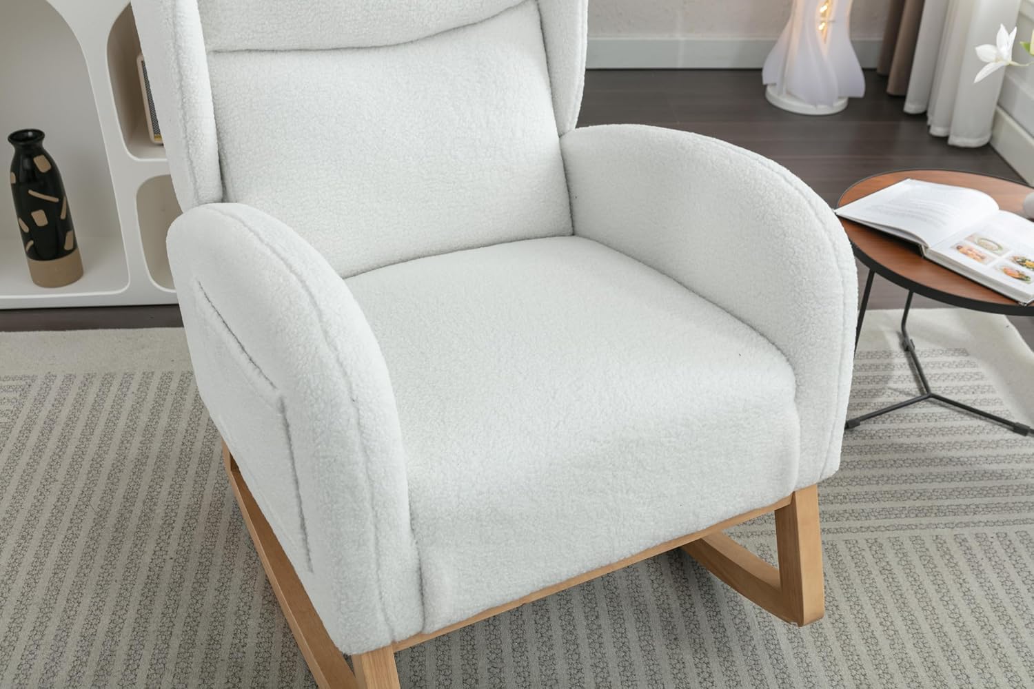 Nursery Glider Chair - Wingback Teddy Upholstered Rocking Chair with High Backrest, Ergonomic Rocker Chair for Breastfeeding & Baby Room, Modern Accent Armchair for Living Room & Bedroom, Lvory
