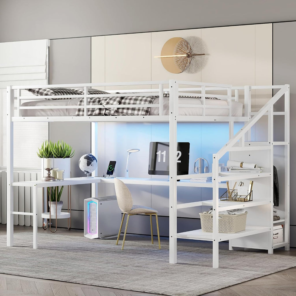 Metal Queen Size Loft Bed with Desk and Stairs,Heavy Duty Loft Bed Frame with Wardrobe and LED Lights for Adults,Teens,Kids,Space Saving,Queen Size,White