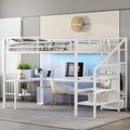 Metal Queen Size Loft Bed with Desk and Stairs,Heavy Duty Loft Bed Frame with Wardrobe and LED Lights for Adults,Teens,Kids,Space Saving,Queen Size,White