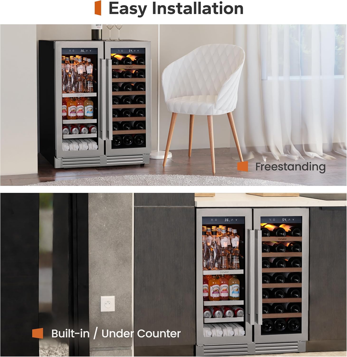 Ca'Lefort 30 Inch Wine and Beverage Refrigerator, 80 Can and 33 Bottle French Door Wine Refrigerator 36-72°F, 3 LED Wine Fridges with Glass Door, Built-in or Freestanding for Home/Kitchen (6.00 cu.ft)