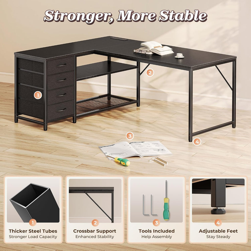 PRAISUN 53' L Shaped Desk with Power Outlets and USB-C Port, Reversible Computer Corner Office Desk with 4 Fabric Drawers and 2 Height-Adjustable Shelves, Large for Gaming Writing Work Study, Black