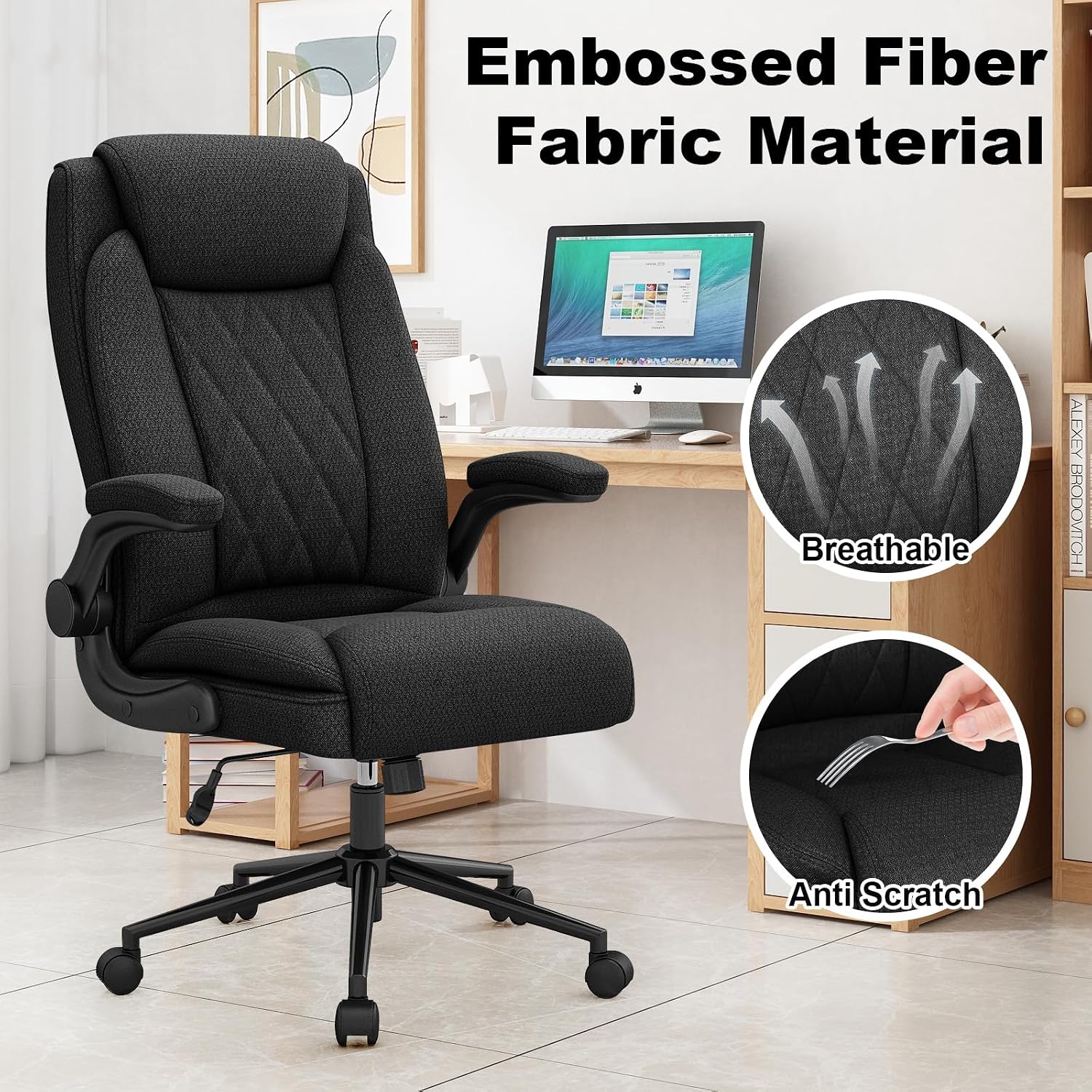 ralex-chair Big and Tall Office Chair -500 lb Office Chair for Big Man, Fabric High Back Office Desk Chair with 120° Tilt Rock,Computer Desk Chair with flip up arm - Black