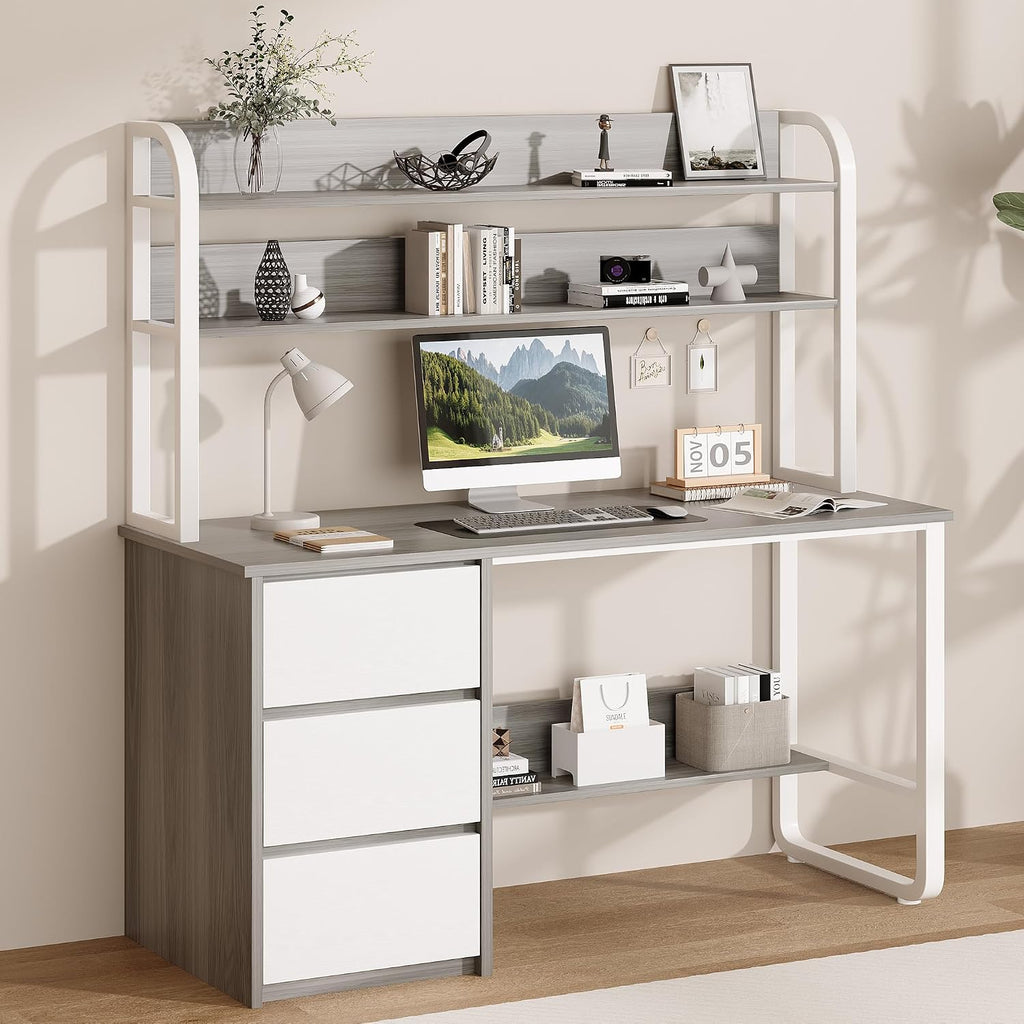 MaverickFurni Computer Desk with Hutch, 55 Inch Home Office Desk with Storage Drawers, Study Writing Desk with Shelves for Bedrrom, Adjustable Feet, Grey