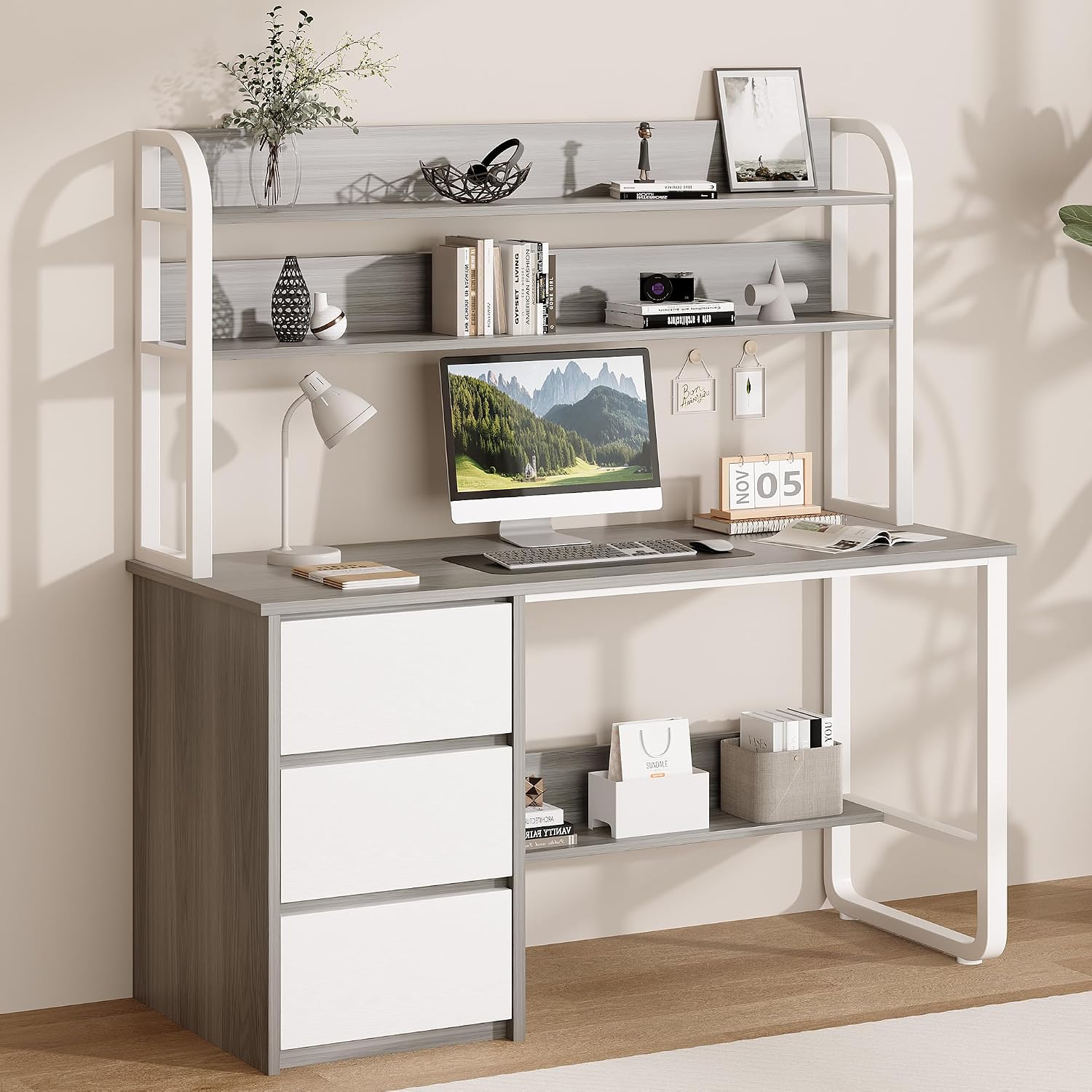 MaverickFurni Computer Desk with Hutch, 55 Inch Home Office Desk with Storage Drawers, Study Writing Desk with Shelves for Bedrrom, Adjustable Feet, Grey