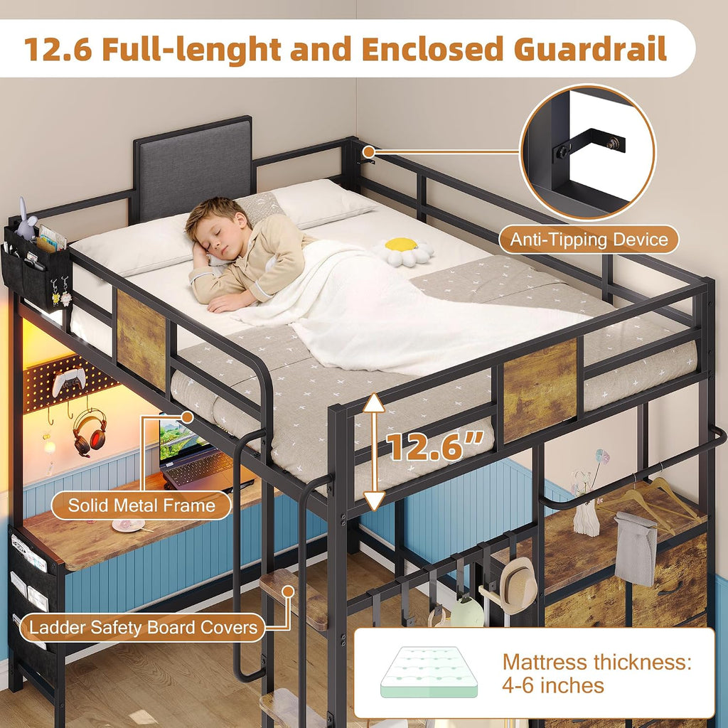 Dnxao Full Size Loft Bed with Desk, Heavy Duty Metal Bed Frame for Teens Adults, 6 Storage Drawers, Power Outlet with Type-C, LED Lights, Integrated Study Workstation for Small Room, Rustic Brown