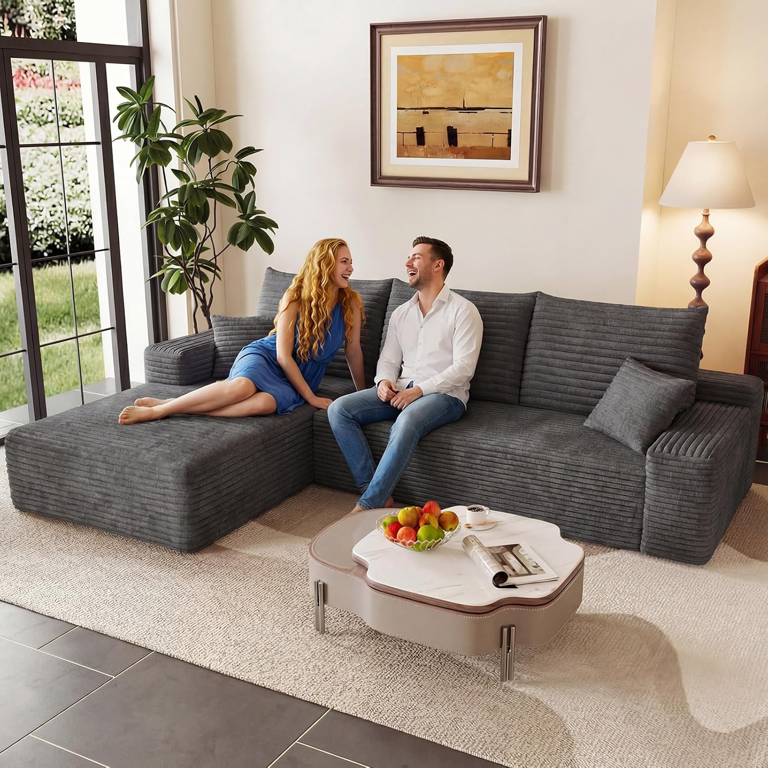 95' Modular Sectional Couch, Boneless L Shaped Cloud Sofa with Chaise Lounge, Corduroy Upholstered Couches Memory Foam Deep Seat, No Assembly Required, Ideal for Living Room(Dark Gray, Left Facing)