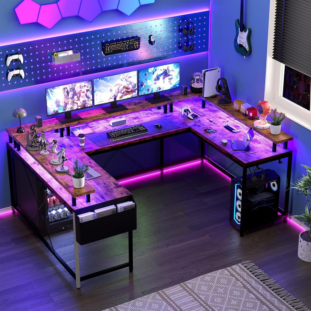 126' U Shaped Gaming Desk, Power Outlets & USB Ports, Reversible Corner Computer Desk with Monitor Stand, RGB LED Lights, Storage Shelves & Bag, Gaming Desk for Home Office, Tiger Stripes, Rustic Brow