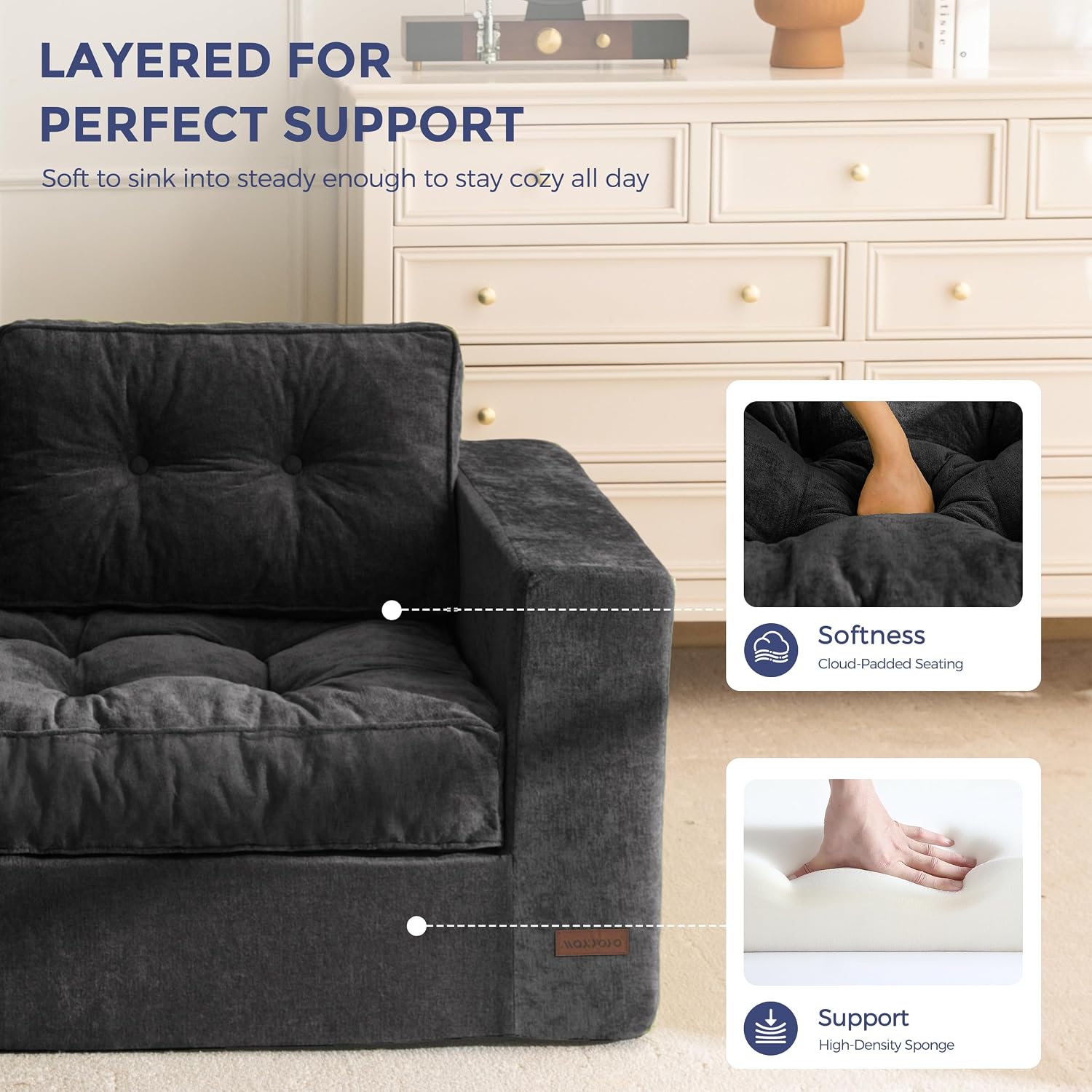 MAXYOYO 3-Seater Boneless Sofa Couch, Tufted Sofa Lounge for Living Room, Comfy Bean Bag Chair High-Density Foam Couch with Pillows, No Assembly Required