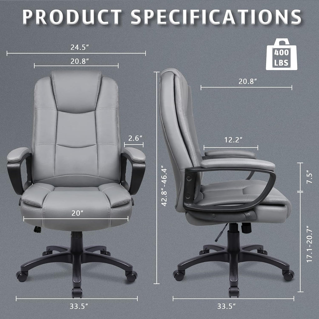 LEMBERI Office Desk Chair, Managerial Executive Chair, High Back Computer Chair, Ergonomic Height Adjustable PU Leather Chairs with Padded Armrest for Long Time Sitting, Grey