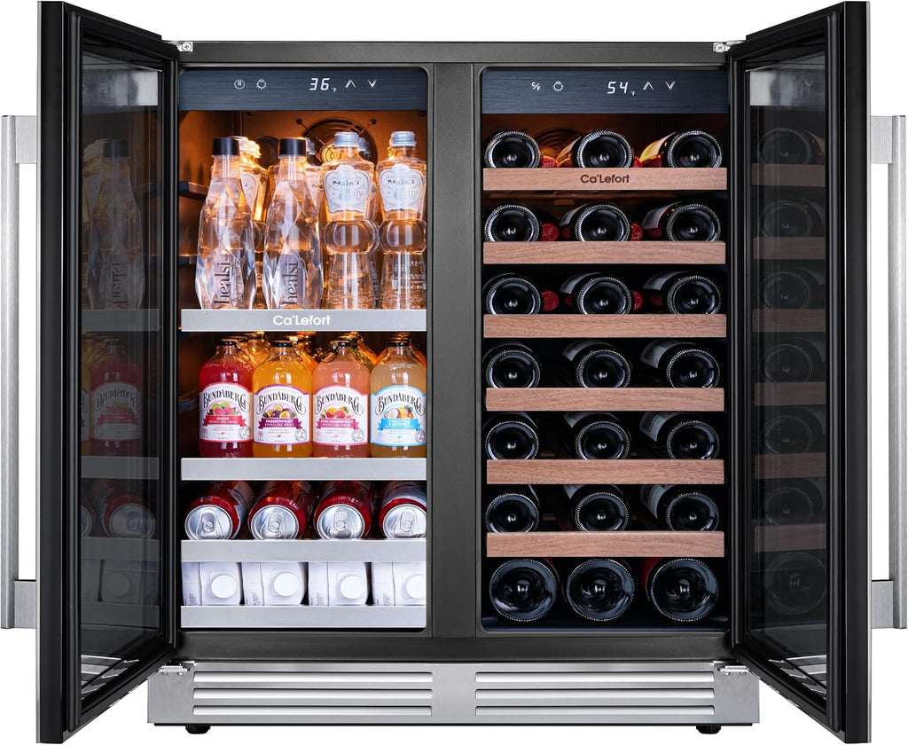Ca'Lefort 30 Inch Wine and Beverage Refrigerator, Dual Zone 36-72°F Temp Control, Holds 80 Can & 33 Bottle, Adjustable Shelves & 3 LED Light, Built-in Under Counter Freestanding for Home/Kitchen/Bar