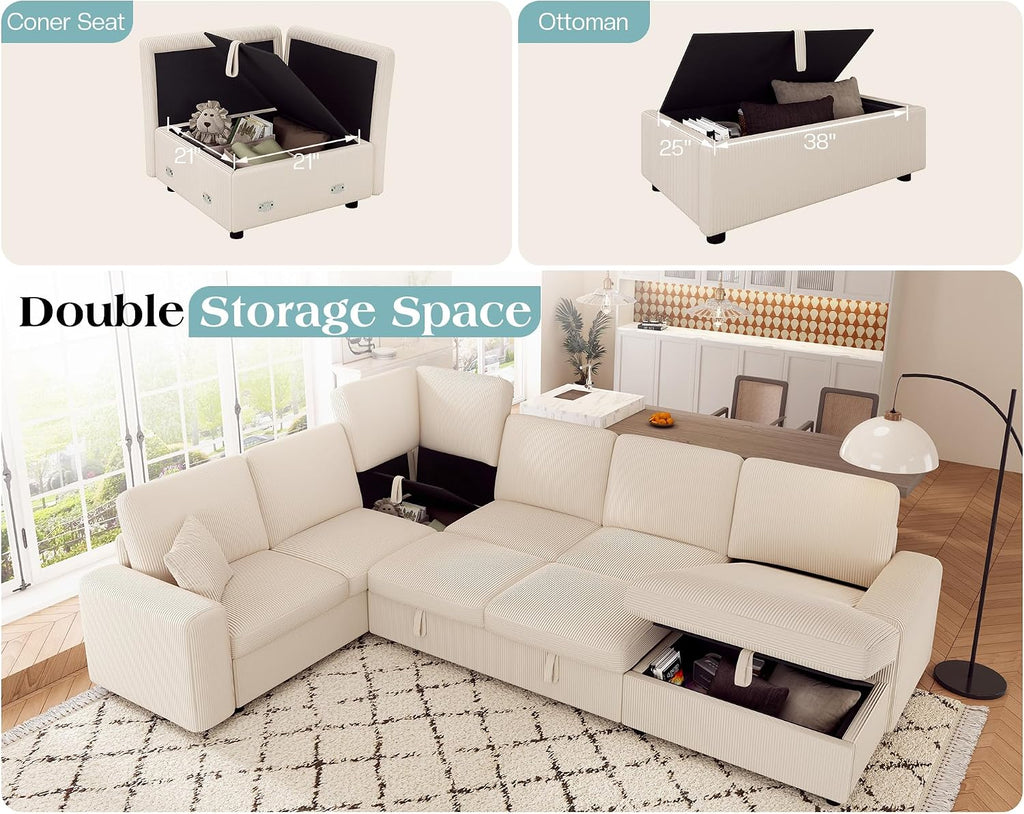 VanAcc 130' Sofa Bed, Sectional Sleeper Sofa with Pull Out Bed, Sleeper Couch with Storage, 6 Seater Couch for Living Room, Corduroy Off-White