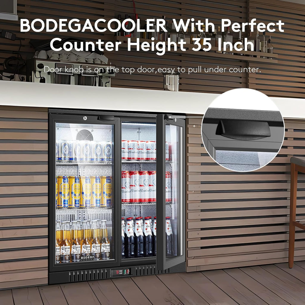 BODEGACOOLER 35.4 Inch Under Counter Beverage Refrigerator, 2 Door Back Bar Cooler, Dual Zone 32–50°F, 7.4 Cu.Ft Built-in or Freestanding Glass Door Fridge with LED Lighting, Holds 216 Cans/62 Bottles