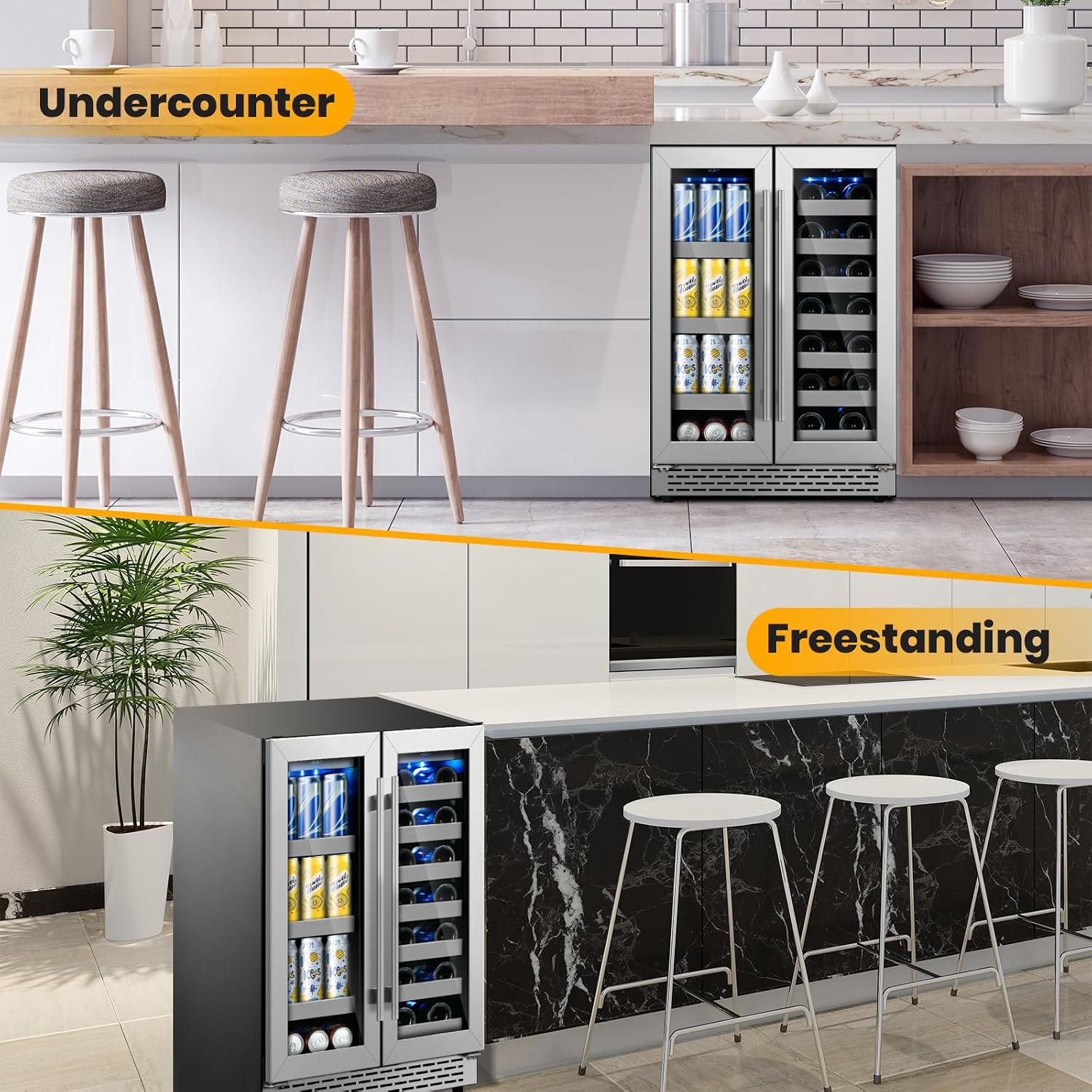 Wine and Beverage Refrigerator,24 inch Dual Zone Upgrade Compressor Wine Cooler 20 Bottle & 88 Cans,Built in or Under Counter Wine Fridge with Glass Door for Bar and Home