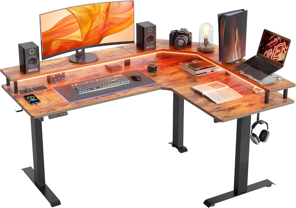 FEZIBO 63' Triple Motor L Shaped Standing Desk with LED Strip & Power Outlets, Height Adjustable Stand up Corner Gaming Desk with Ergonomic Monitor Stand, Rustic Brown Top/Black Frame