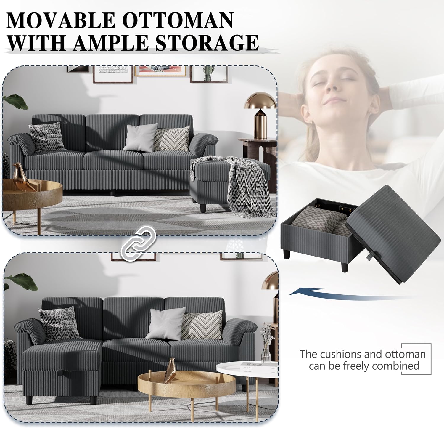Sectional Couches for Living Room, L Shaped Couch with Side Storage Pockage, Comfortable 3 Seat Sofa Couches for Apartment, Grey