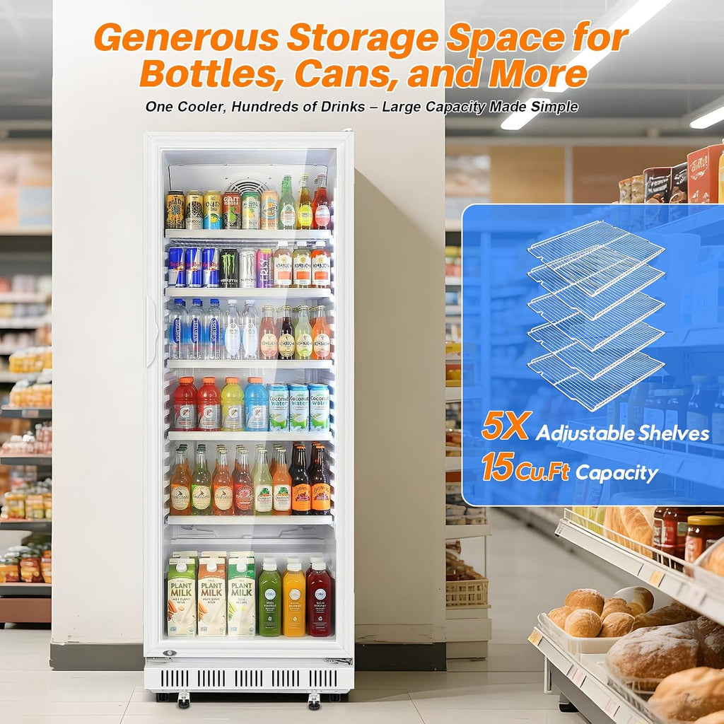 Velivi Commercial Beverage Refrigerator, 24.5' Glass Door Display Fridge, 15 Cu.Ft Beverage Cooler with 5 Adjustable Shelves, Auto Rebound Door, Low Noise, for Shops, Restaurants & Bars WHITE
