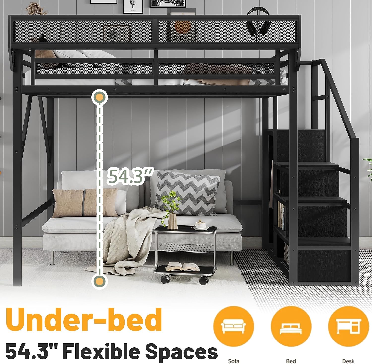 Queen Size Loft Bed Frame for Adults,Metal Queen Lofts Bed with Stairs & Storage Shelf, Heavy Duty High LoftBed with Wardrobe for Teens,Girls Boys, Black +Black Stair