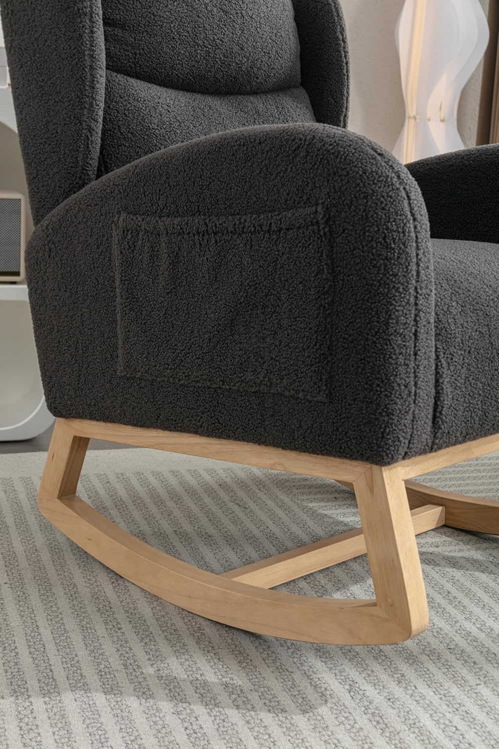 Nursery Glider Chair - Wingback Teddy Upholstered Rocking Chair with High Backrest, Ergonomic Rocker Chair for Breastfeeding & Baby Room, Modern Accent Armchair for Living Room & Bedroom, Gray