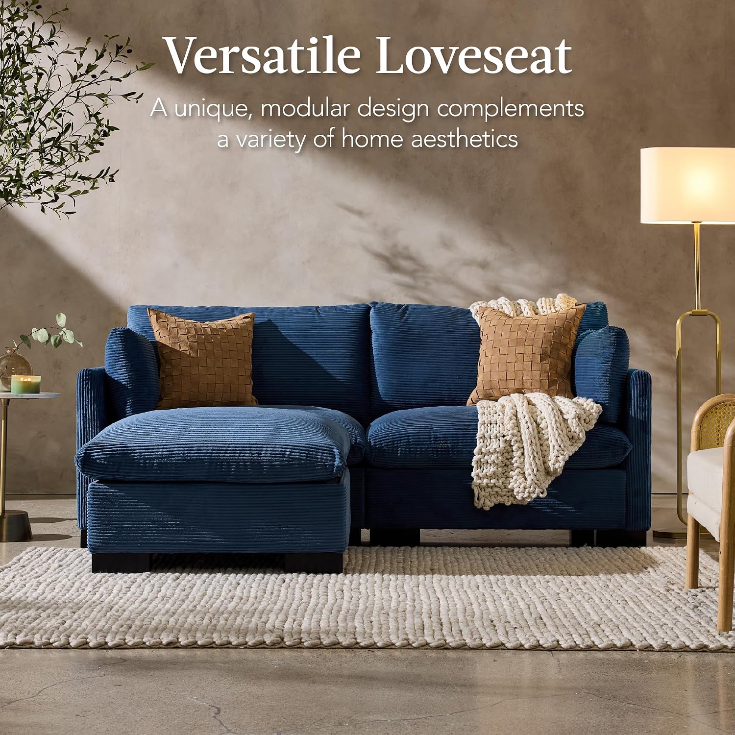 Best Choice Products Modern Loveseat Sofa for Living Room, Corduroy Recliner, Removable Cover, Spring Cushions, Solid Wood Frame, Easy Assembly for Small Spaces, 82in – Stone Blue