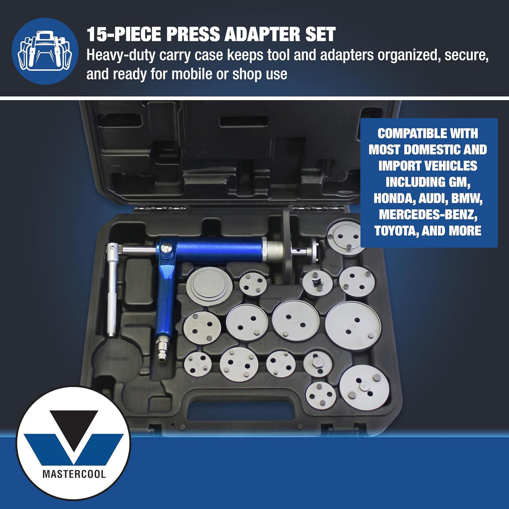 Mastercool 43050 Air-Powered Brake Caliper Wind-Back Tool Kit – 15-Piece Adapter Set, Left/Right Hand Operation, 3/8' Drive, Magnetic Base