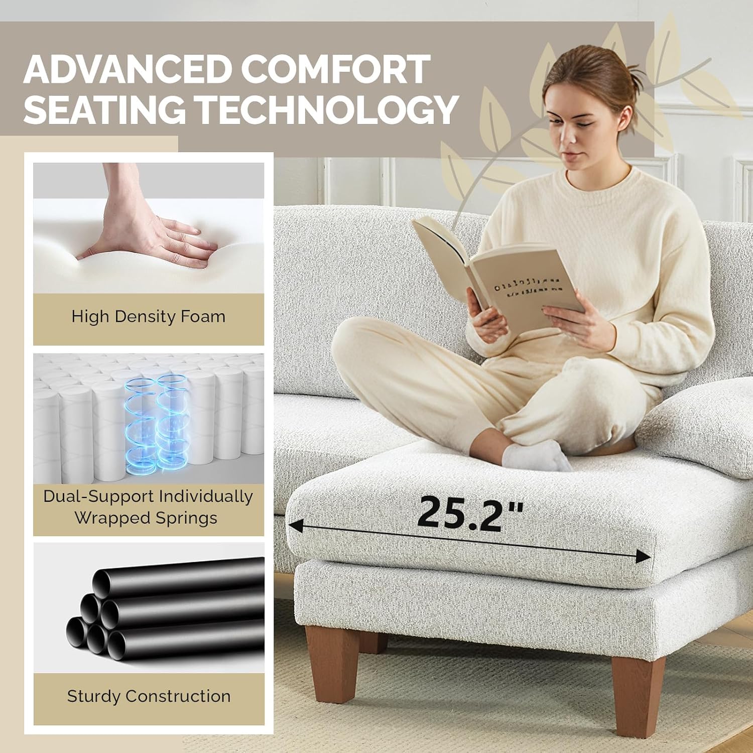 VINGLI 110' U-Shaped Sectional Couch with Two Chaise, Affordable Small Sofa with 4 Seats, Chenille Fabric Comfy Couches for Living Room, Beige