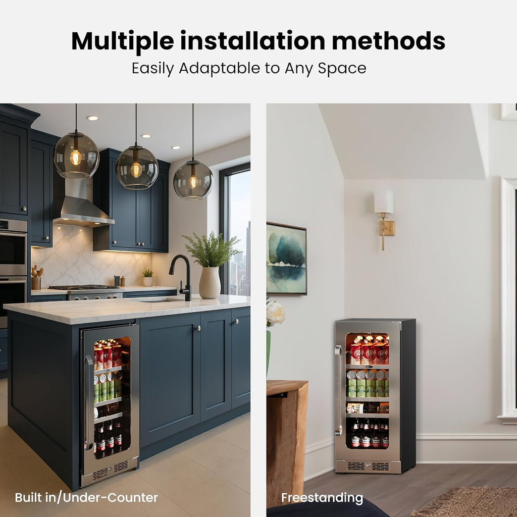 Whynter Beverage Refrigerator 15 inch Drink Fridge with Glass Door Beverage Fridge Cooler 80 Can Under Counter Built in Freestanding Fridge 34-54°F for Soda Beer Home Bar Luxury Series