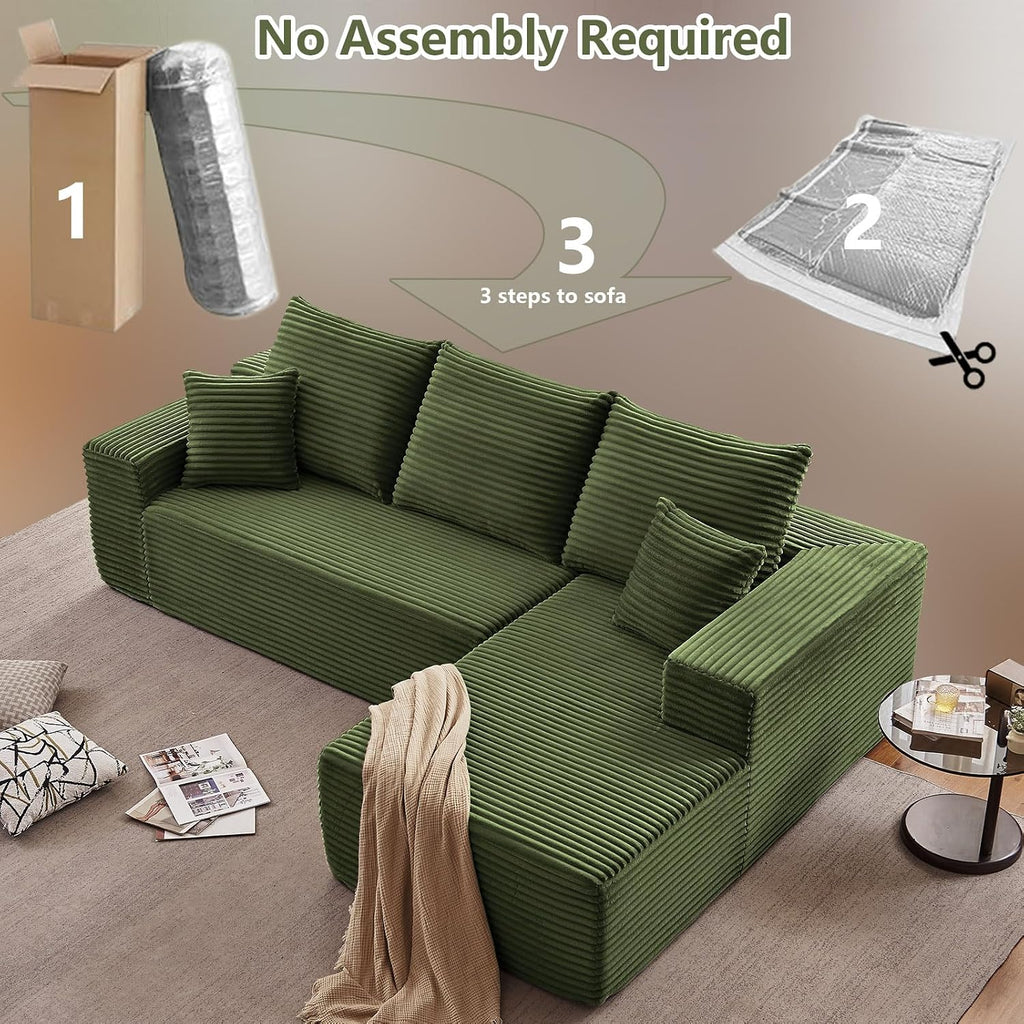 107' Cloud Sectional Couch with L-Shape Chaise, Modern Modular Comfy Sofa Chaise Longue, Upholstered Corduroy Couches Sleeper with Deep Seat for Living Room Bedroom, No Assembly Required, Green