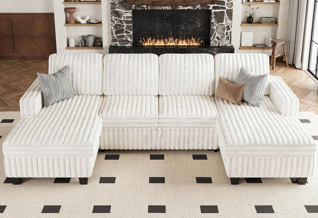 Belffin Modular Sectional Sleeper Sofa with Pull Out Couch Bed Corduroy Double Chaise with Storage Beige Couch