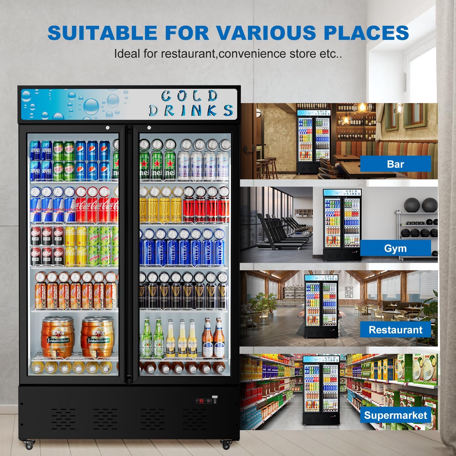 Commercial Beverage Refrigerator, 40 Cu.ft.Display Fridge Glass Door Upright Display Door with Adjustable Shelves LED Light for Restaurant,Grocery Stores,Office