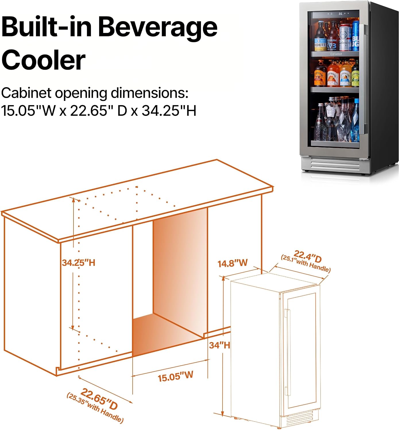 Ca'Lefort Beverage Refrigerator 15 Inch, 100 Cans Mini Fridge with Double Glass Door, Built-in or Freestanding Drink Cooler with Amber LED Light, Beverage Fridge for Kitchen Bar Office(Left-Hinged)