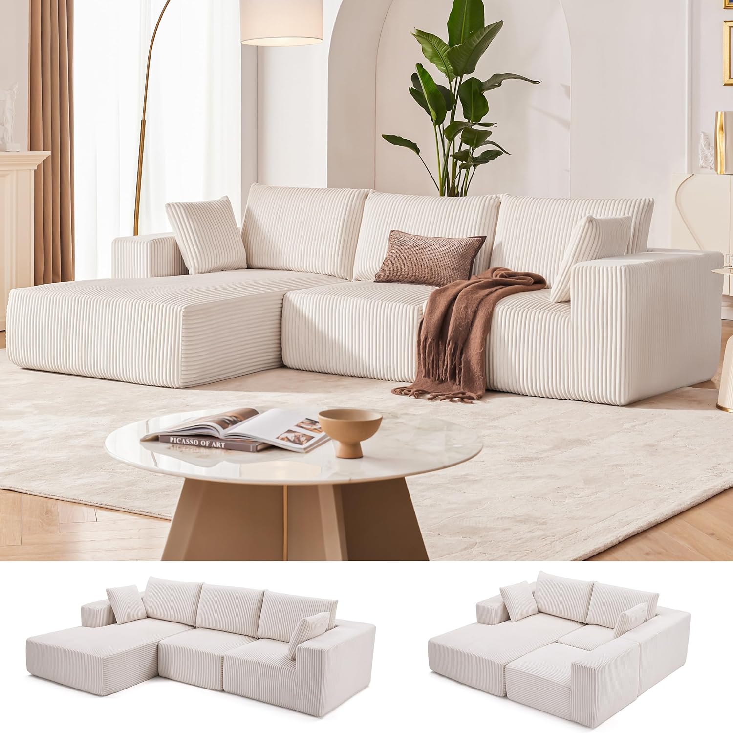 108' Modular Sectional Sofa, Cloud Sectional Couch with Deep Seat, Modern Modular L-Shape Sofa Couch with Chaise,Upholstered Boneless Couches for Living Room Bedroom (Beige, Left Facing Chaise)