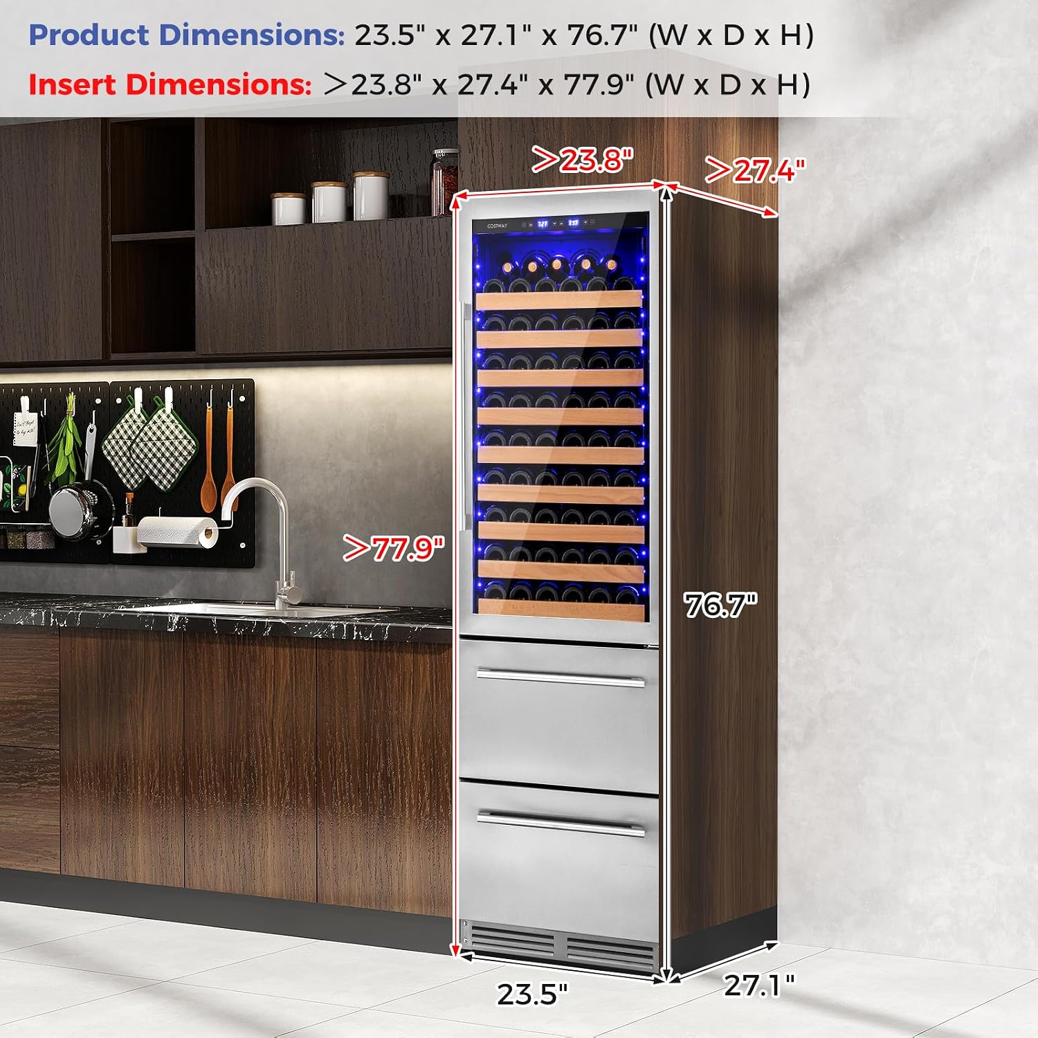 COSTWAY 24 Inch Wine and Beverage Refrigerator, Dual Zone Beverage Cooler with Independent Temperature Control, 108 Bottles and 175 Cans, Built-In or Freestanding Wine Cellar